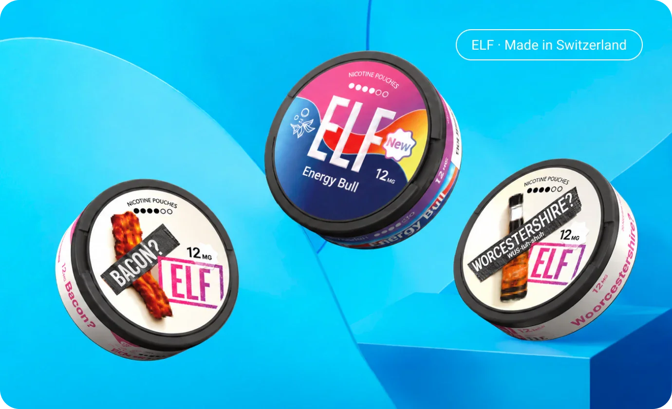ELF Energy Bull, Bacon and Worcestershire nicotine pouch cans — ELF · Made in Switzerland