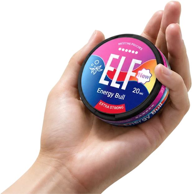 Hand holding an ELF Energy Bull 20 mg Extra Strong can