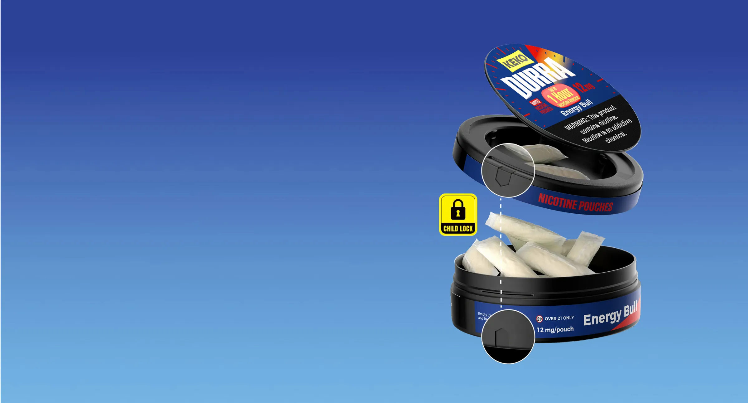 Open KEKO DURRA Energy Bull can with child-lock lid and pouches