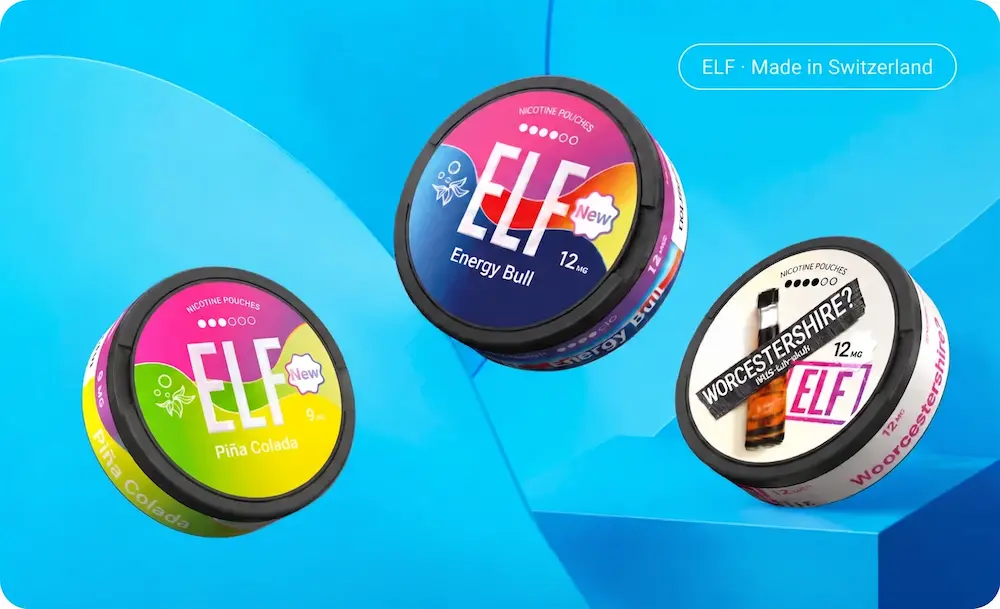 ELF Energy Bull, Bacon and Worcestershire nicotine pouch cans — ELF · Made in Switzerland
